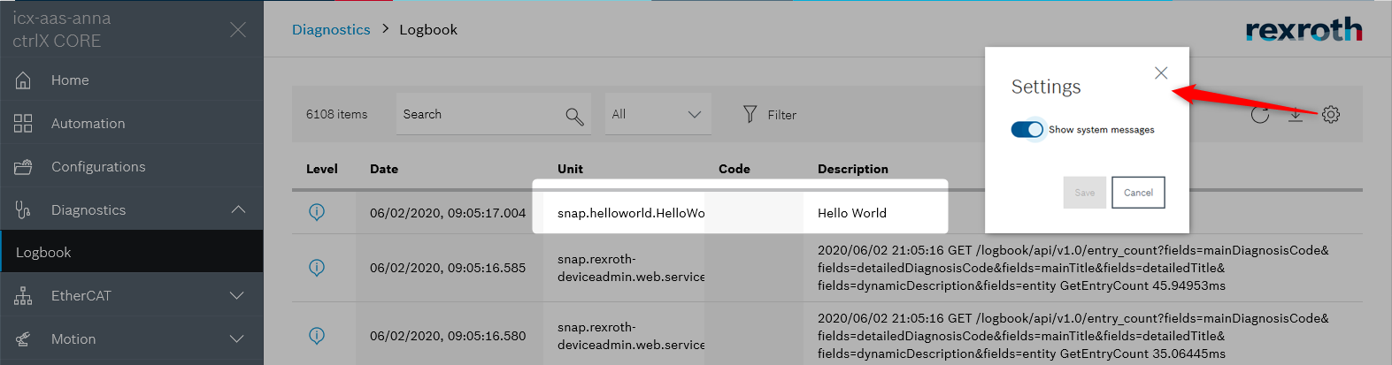 Output in diagnosis logbook by cpp-sample Hello World