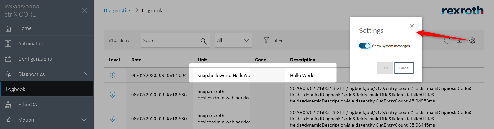 Output in diagnosis logbook