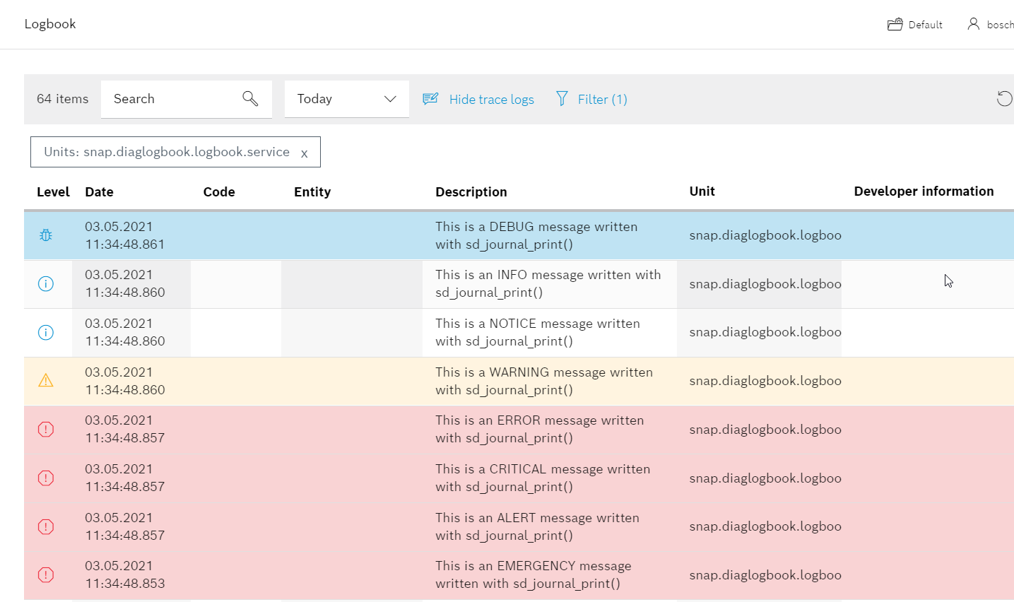 Output in diagnosis logbook